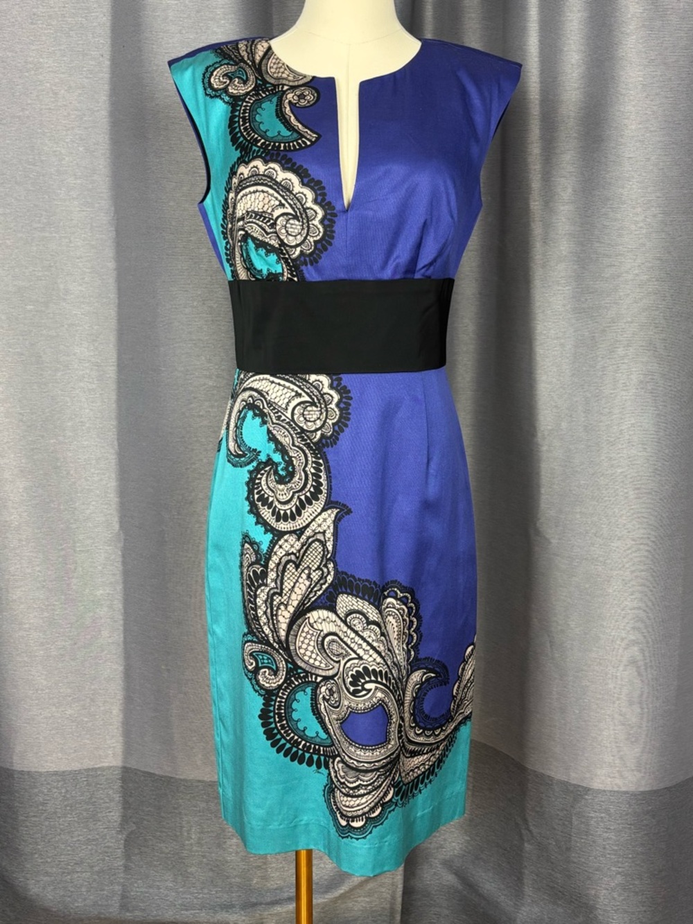 Trina Turk Purple and Turquoise Silk Blend Paisley Print Sheath Cocktail Dress 4